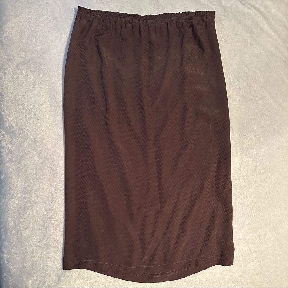 Vintage Eileen Fisher 100% Silk Slip Midi Skirt L textured brown elastic waist